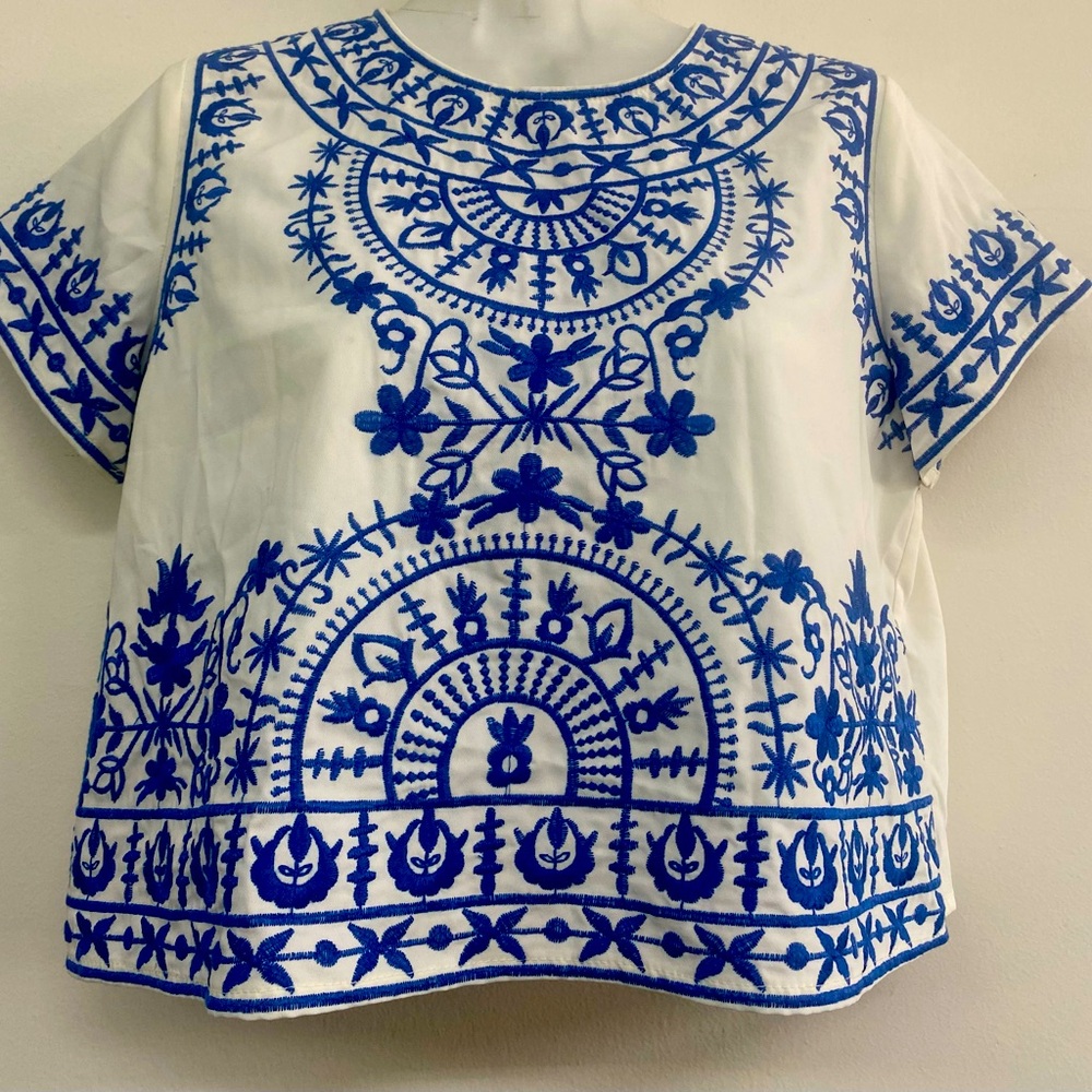 Gorgeous blue and white embroidery crop top